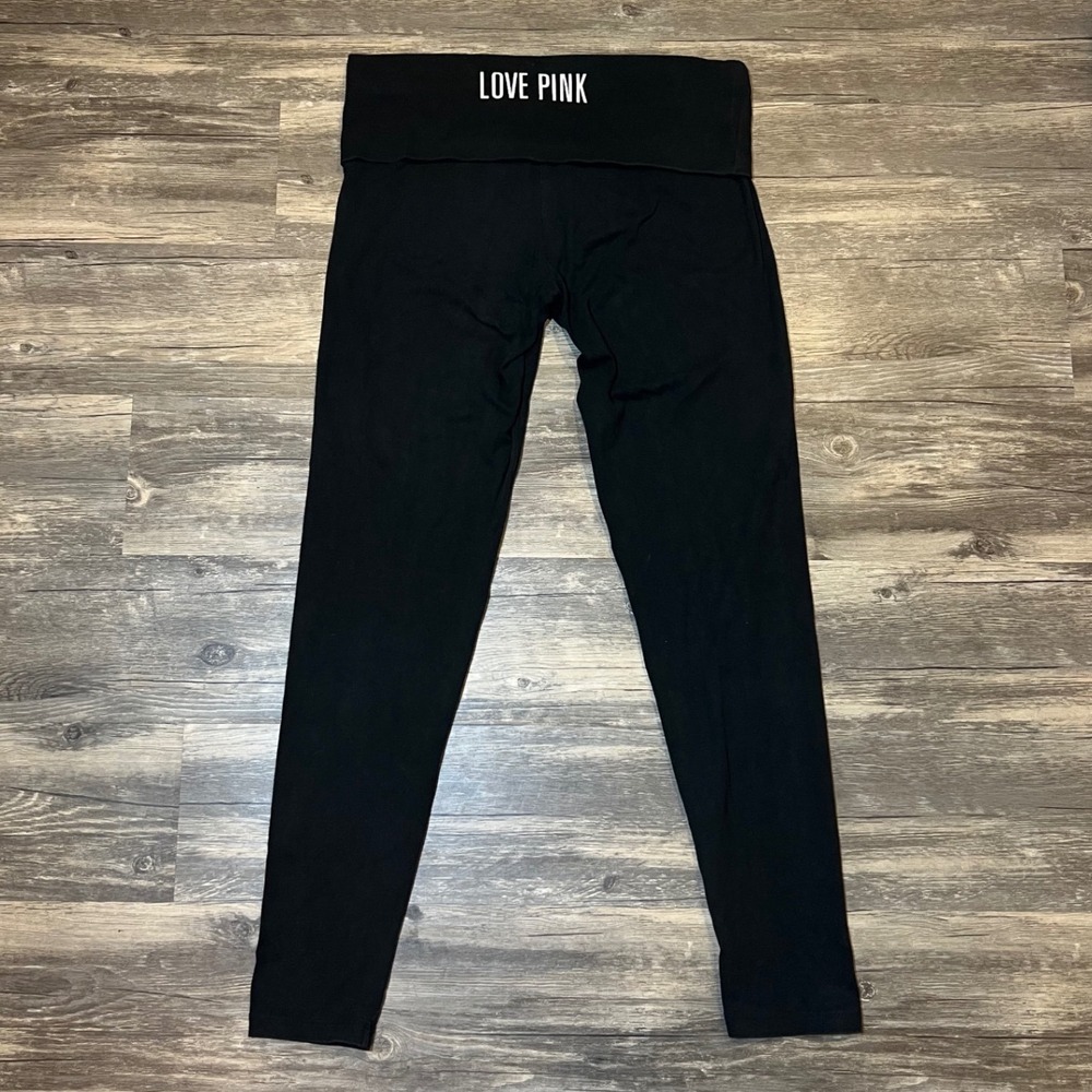 Victoria's Secret PINK Yoga 2013 Black Fold Over Leggings Medium LOVE‎ PINK Y2K
